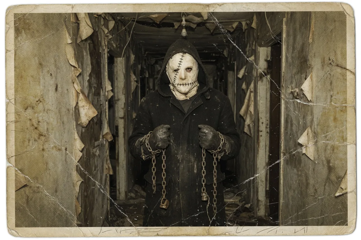 Halftone poster of a hooded killer with chains in a narrow hallway, original art for the Violence District play guide.