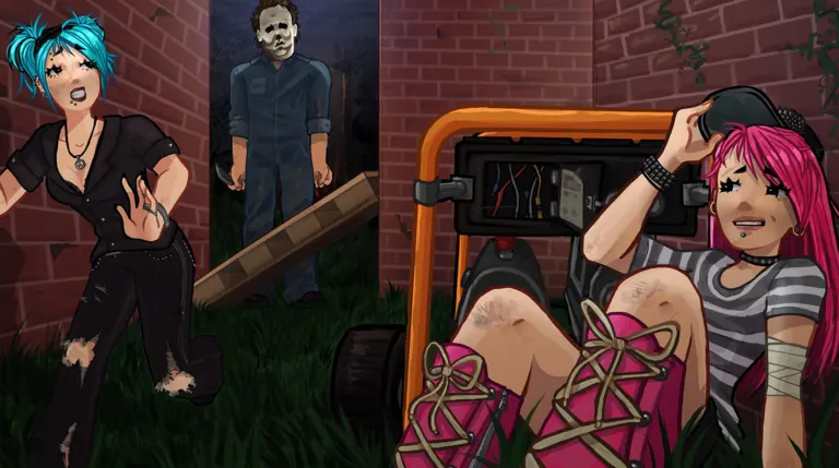 Illustration of two survivors beside an orange generator, with a masked killer at a brick doorway.