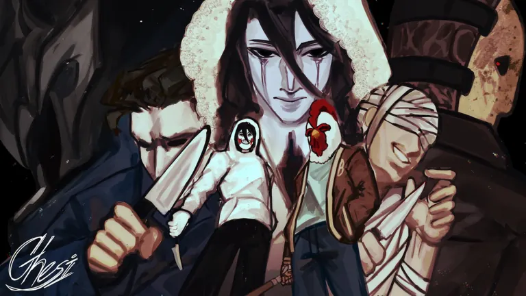 Illustrated killer collage with a hooded figure, knives, masks and a bandaged face.