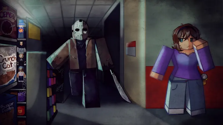 Illustration of a hockey-masked killer approaching a survivor beside vending machines in a corridor.