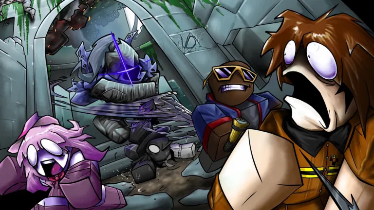 Illustration of three frightened survivors pursued by an armored killer with a purple blade.