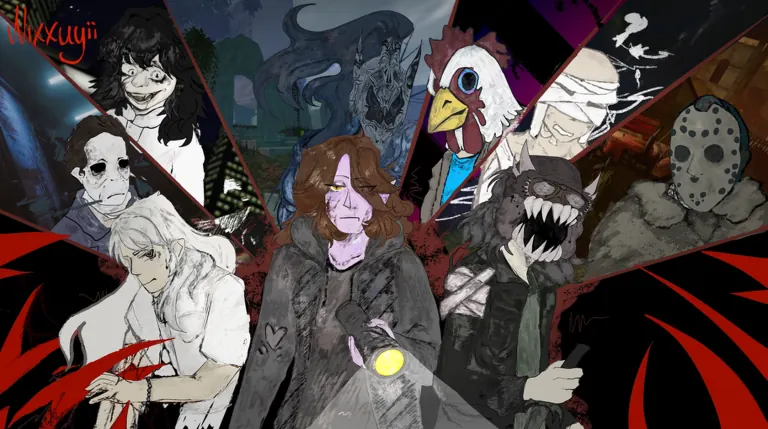 Illustrated ensemble of survivors and killers, including chicken and hockey masks, over red and black shapes.